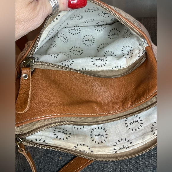 Myra Bag Upcycled Canvas & Leather Sunburst Mandala Crossbody Bag – Boho - Picture 10 of 12